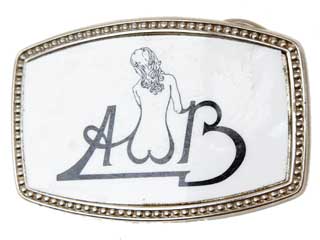 Silvertone buckle with AWB and nude womans back in the W