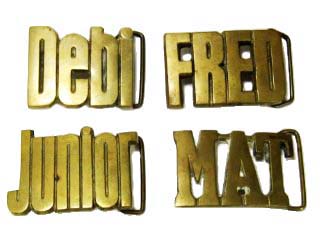 Vintage Baron Solid brass Name buckles: Debi, FRED, Junior and MAT
